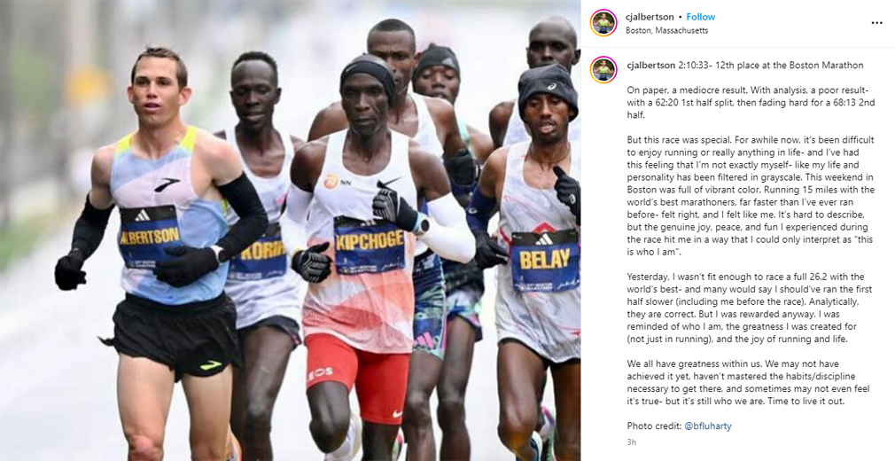 Clovis Community College head coach CJ Albertson completed his third Boston Marathon. (Image via Instagram/@cjalbertson)